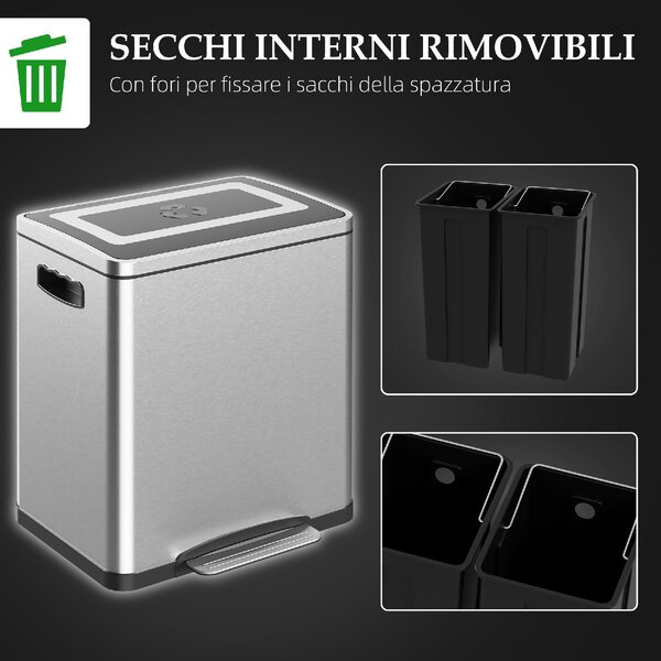 DecHome Bidone Immondizia a 2 Sezioni da 15L a Pedale con Coperchio Silenzioso in Acciaio Inox e PP 40x34.8x47.5 cm - SRA462F