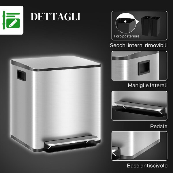 DecHome Bidone Immondizia a 2 Sezioni da 15L a Pedale con Coperchio Silenzioso in Acciaio Inox e PP 41.8x36.7x44 cm - SRA463F