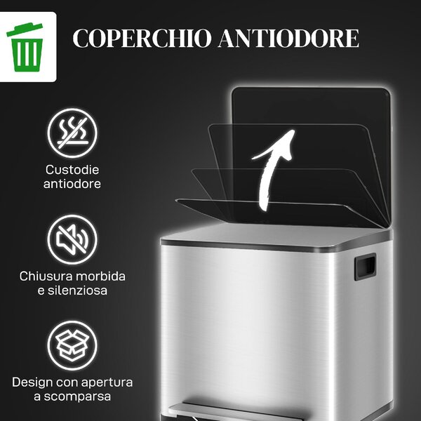 DecHome Bidone Immondizia a 2 Sezioni da 15L a Pedale con Coperchio Silenzioso in Acciaio Inox e PP 41.8x36.7x44 cm - SRA463F