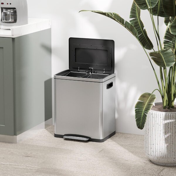 DecHome Bidone Immondizia a 2 Sezioni da 15L a Pedale con Coperchio Silenzioso in Acciaio Inox e PP 40x34.8x47.5 cm - SRA462F