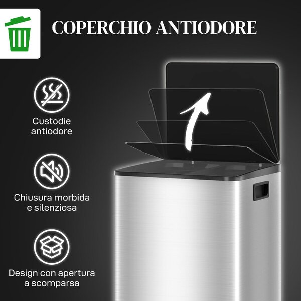 DecHome Bidone Immondizia a 2 Sezioni da 20L a Pedale con Coperchio Silenzioso in Acciaio Inox e PP 41.8x36.7x58 cm - SRA464F