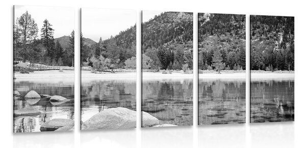Quadri 5 pezzi – Lago in una natura splendida in bianco e nero