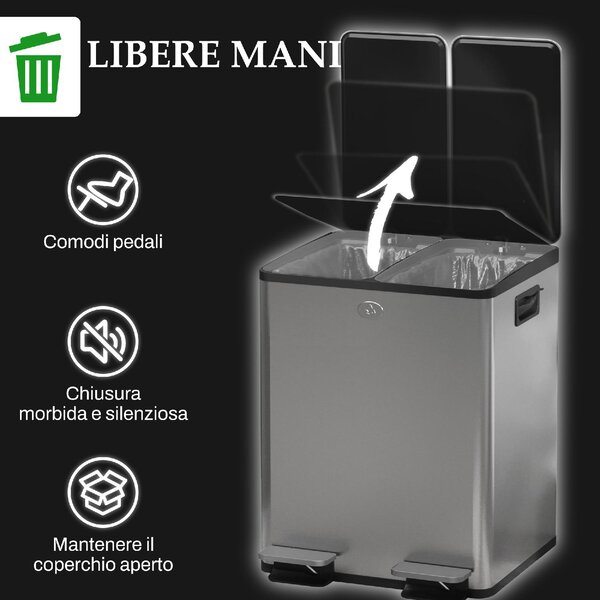 DecHome Bidone Immondizia a 2 Sezioni da 20L con Chiusura Silenziosa in Acciaio Inox e PP 45.8x36x51.6 cm - SRA465F