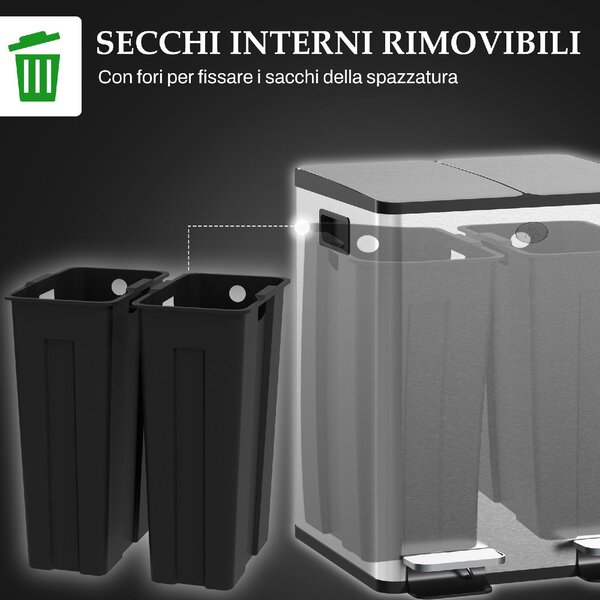 DecHome Bidone Immondizia a 2 Sezioni da 20L con Chiusura Silenziosa in Acciaio Inox e PP 45.8x36x51.6 cm - SRA465F
