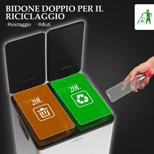 DecHome Bidone Immondizia a 2 Sezioni da 20L con Chiusura Silenziosa in Acciaio Inox e PP 45.8x36x51.6 cm - SRA465F