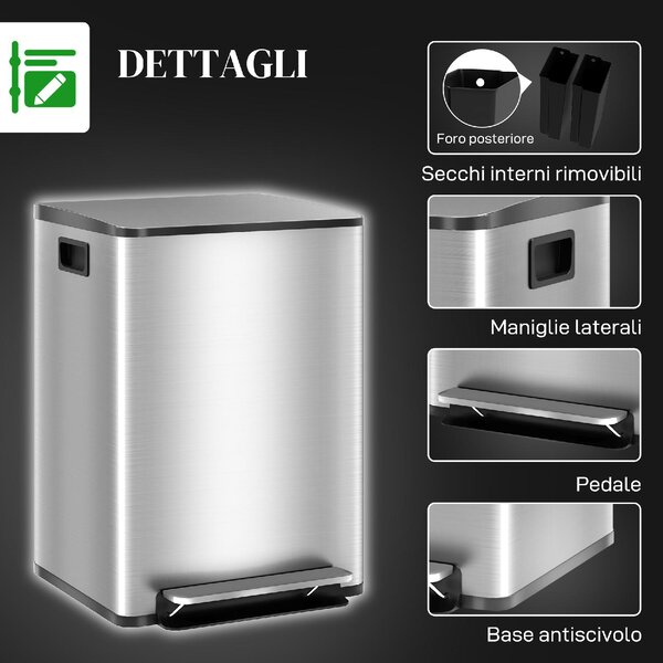 DecHome Bidone Immondizia a 2 Sezioni da 20L a Pedale con Coperchio Silenzioso in Acciaio Inox e PP 41.8x36.7x58 cm - SRA464F