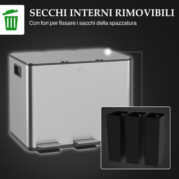 DecHome Bidone Immondizia a 3 Sezioni da 20L con Chiusura Silenziosa in Acciaio Inox e PP 61.9x36.6x56.7 cm - SRA467F