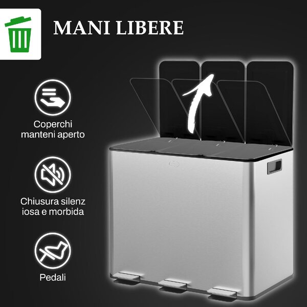DecHome Bidone Immondizia a 3 Sezioni da 20L con Chiusura Silenziosa in Acciaio Inox e PP 61.9x36.6x56.7 cm - SRA467F