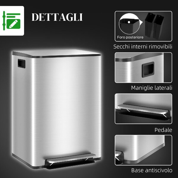 DecHome Bidone Immondizia a 2 Sezioni da 30L a Pedale con Coperchio Silenzioso in Acciaio Inox e PP 47.7x37.5x66.8 cm - SRA466F