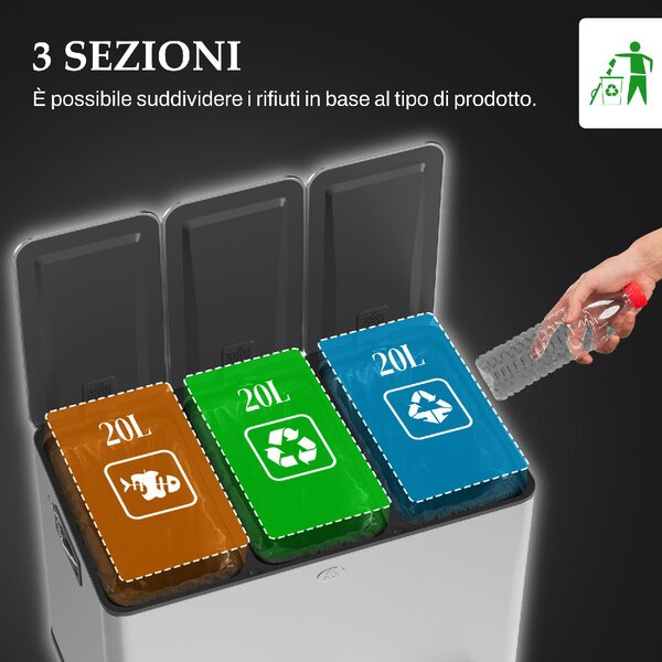 DecHome Bidone Immondizia a 3 Sezioni da 20L con Chiusura Silenziosa in Acciaio Inox e PP 61.9x36.6x56.7 cm - SRA467F