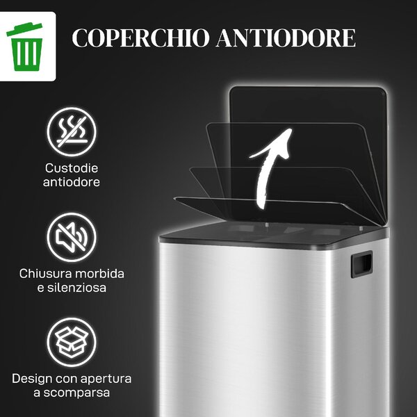 DecHome Bidone Immondizia a 2 Sezioni da 30L a Pedale con Coperchio Silenzioso in Acciaio Inox e PP 47.7x37.5x66.8 cm - SRA466F