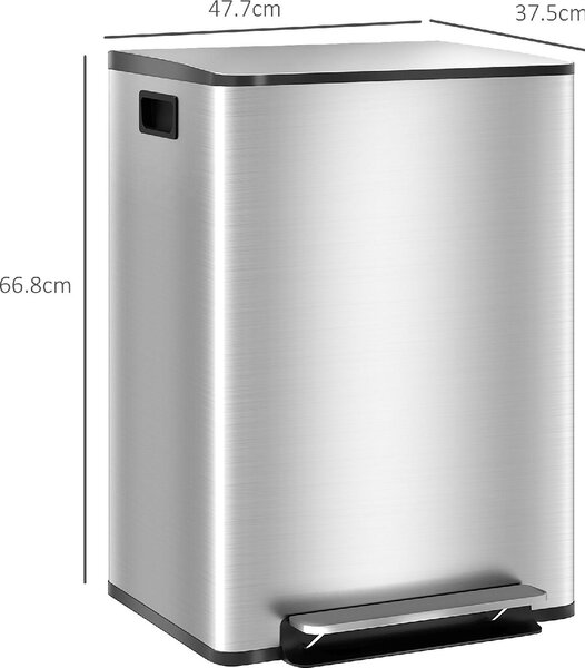 DecHome Bidone Immondizia a 2 Sezioni da 30L a Pedale con Coperchio Silenzioso in Acciaio Inox e PP 47.7x37.5x66.8 cm - SRA466F
