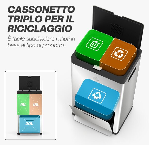 DecHome Bidone Immondizia a 3 Sezioni da 56L con Supporto per Deodorante in Acciaio e PP 45.7x35.8x76 cm colore Argento - 980SRS383
