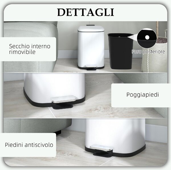 DecHome Bidone Immondizia da 12L a Pedale con Chiusura Silenziosa in Metallo e PP 24.5x32x34.5 cm colore Bianco - WTA470F