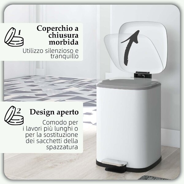 DecHome Bidone Immondizia da 12L a Pedale con Chiusura Silenziosa in Metallo e PP 24.5x32x34.5 cm colore Bianco - WTA470F
