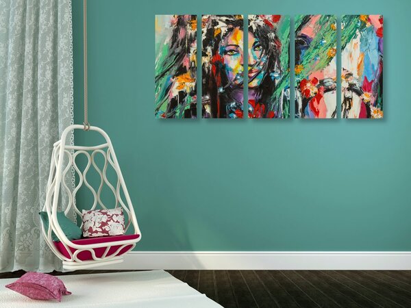 Quadri 5 pezzi – Pittura a olio di donna e cavallo
