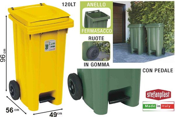STEFANPLAST Bidone Spazzatura Pattumiera Rifiuti Carrellato 120 Litri con Pedale colore Giallo Segnale cm 54.5x49.5x94h - 25705