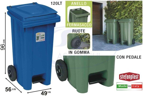 STEFANPLAST Bidone Spazzatura Pattumiera Rifiuti Carrellato 120 Litri con Pedale colore Blu Traffico cm 54.5x49.5x94h - 25703