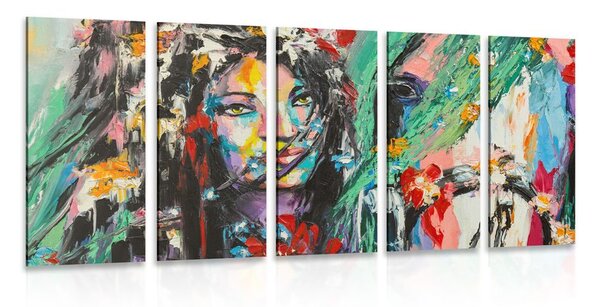 Quadri 5 pezzi – Pittura a olio di donna e cavallo