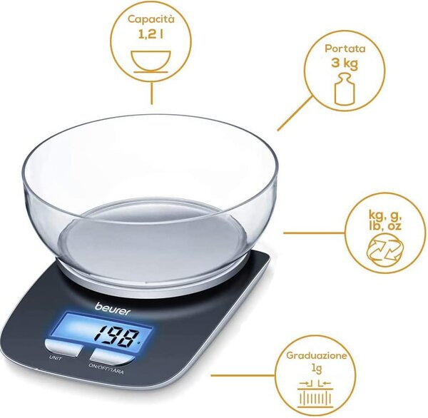 Beurer Bilancia da Cucina Digitale Elettronica con ciotola Capacit 1.2 Litri Portata Massima 3 Kg - KS25