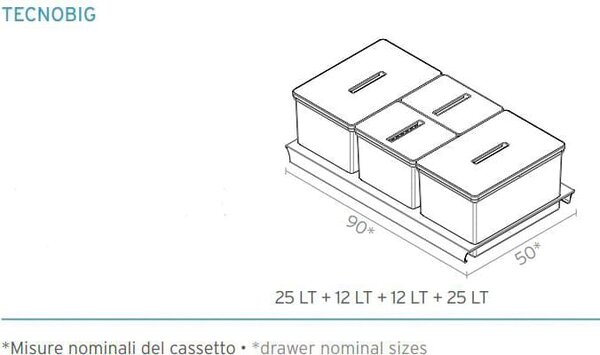 TECNOINOX Bidoni Raccolta Differenziata per Cassettoni 4 Contenitori spazzatura Lunghezza 90 cm colore Alluminio - Tecnobig