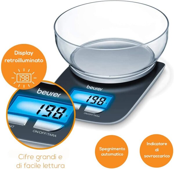 Beurer Bilancia da Cucina Digitale Elettronica con ciotola Capacit 1.2 Litri Portata Massima 3 Kg - KS25