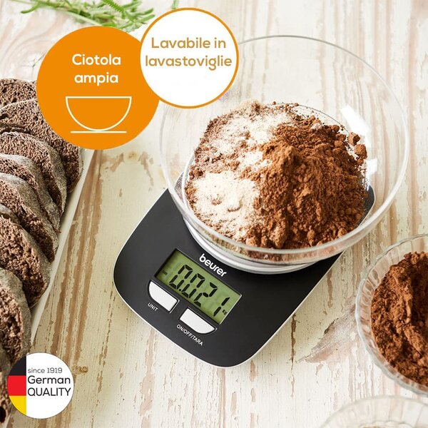 Beurer Bilancia da Cucina Digitale Elettronica con ciotola Capacit 1.2 Litri Portata Massima 3 Kg - KS25