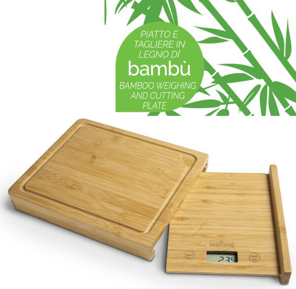INNOLIVING Bilancia da Cucina Digitale Elettronica in Bamb con Tagliere Rettangolare Portata Massima 5 Kg Display LCD - INN-137
