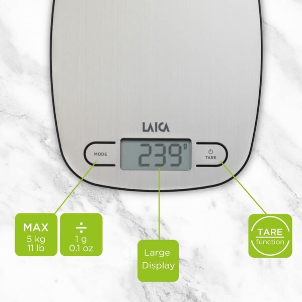 LAICA Bilancia da cucina digitale elettronica con Display LCD Portata Massima 5 Kg colore Acciaio - KS1033