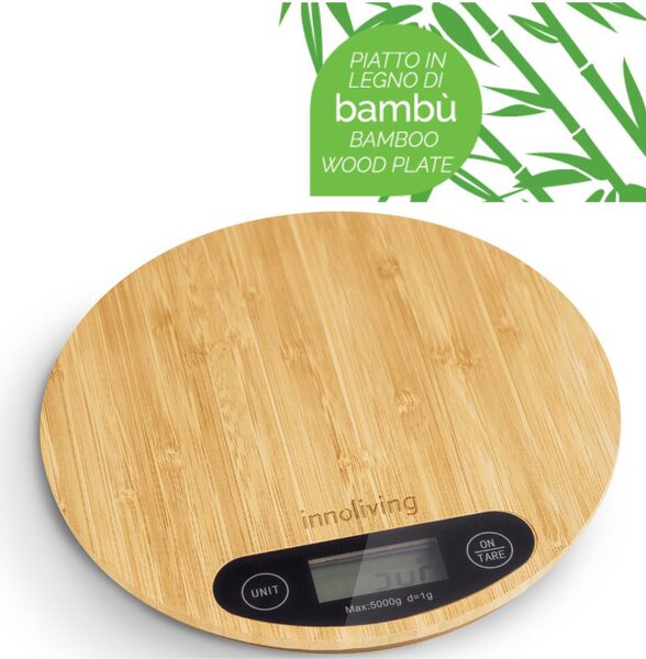 INNOLIVING Bilancia da Cucina Digitale Elettronica in Bamb Rotonda Portata Massima 5 Kg Display LCD - INN-135