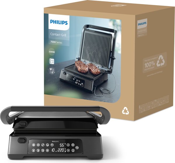 Philips Bistecchiera Elettrica Doppia Piastra Antiaderente Potenza 2200 Watt Termostato Regolabile colore Nero - HD6307/70