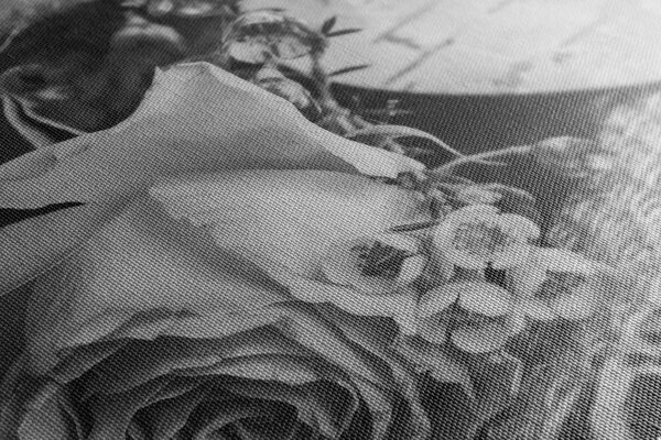 Stampa su tela – Rose e cuore in stile vintage in bianco e nero