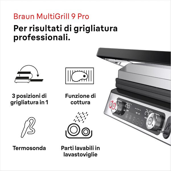 Braun Bistecchiera Elettrica Griglia a Contatto Potenza 2200W colore Nero/Inox MultiGrill 9 Pro - CG 9160