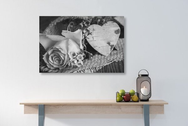 Quadro su tela – Rose e cuore in juta in bianco e nero
