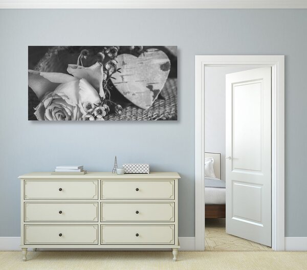 Stampa su tela – Rose e cuore in stile vintage in bianco e nero