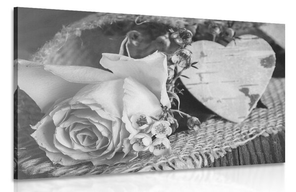 Quadro su tela – Rose e cuore in juta in bianco e nero