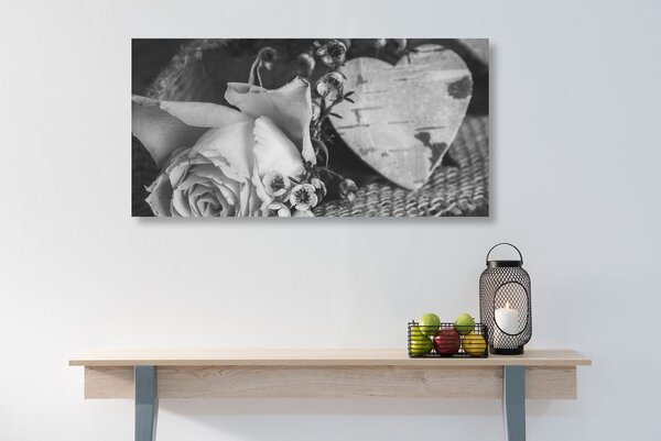 Stampa su tela – Rose e cuore in stile vintage in bianco e nero