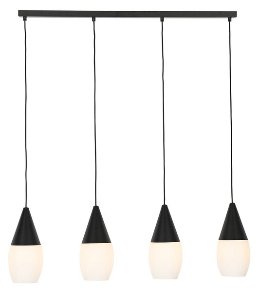 Lampada a sospensione moderna nera con vetro opalino 4 luci - Drop