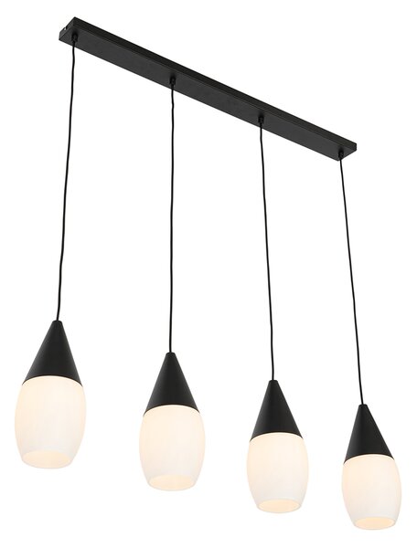 Lampada a sospensione moderna nera con vetro opalino 4 luci - Drop