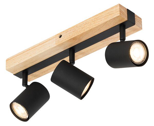 Plafoniera nera con legno 3 luci regolabili rettangolari - Jeana
