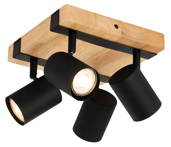 Plafoniera nera con legno 4 luci regolabili rettangolare - Jeana