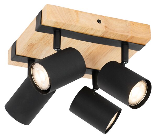 Plafoniera nera con legno 4 luci regolabili rettangolare - Jeana
