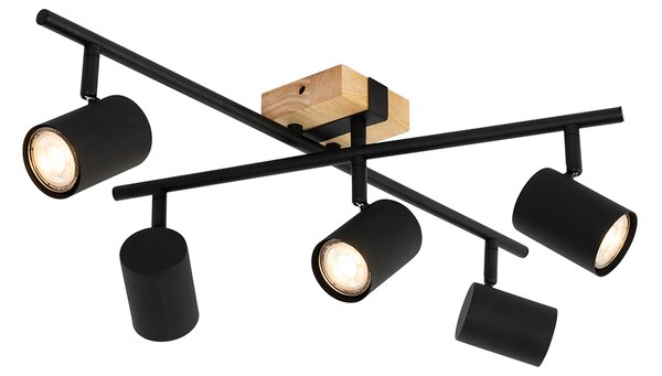 Plafoniera nera con legno 5 luci regolabili rettangolare - Jeana