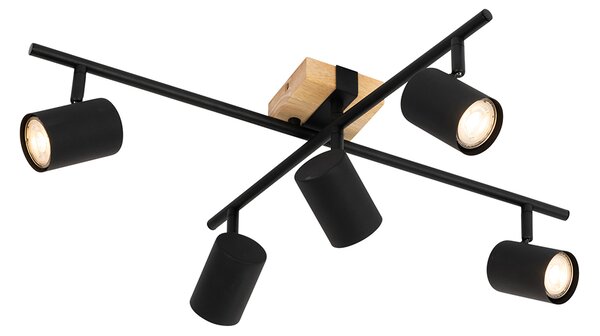 Plafoniera nera con legno 5 luci regolabili rettangolare - Jeana