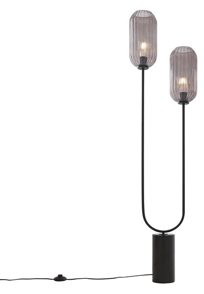 Lampada da terra Art Déco nera con vetro fumé 2 luci - Rid