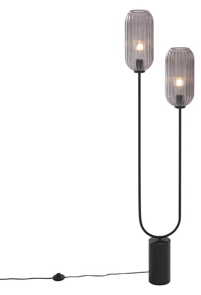 Lampada da terra Art Déco nera con vetro fumé 2 luci - Rid