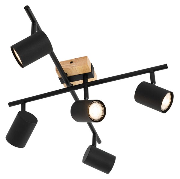 Plafoniera nera con legno 5 luci regolabili rettangolare - Jeana