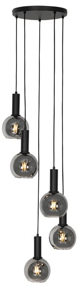 Lampadario Art Déco nero con vetro fumé rotondo 5 luci - Josje