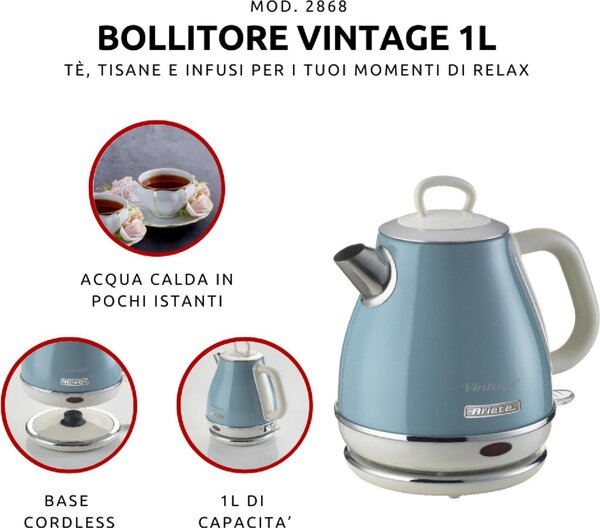 Ariete Bollitore elettrico 1 Litri Potenza 1630 Watt Filtro removibile colore Celeste - 2868/05 Vintage