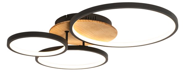 Plafoniera nera con legno incl. LED dimmerabile a 3 livelli 3 luci - Alec